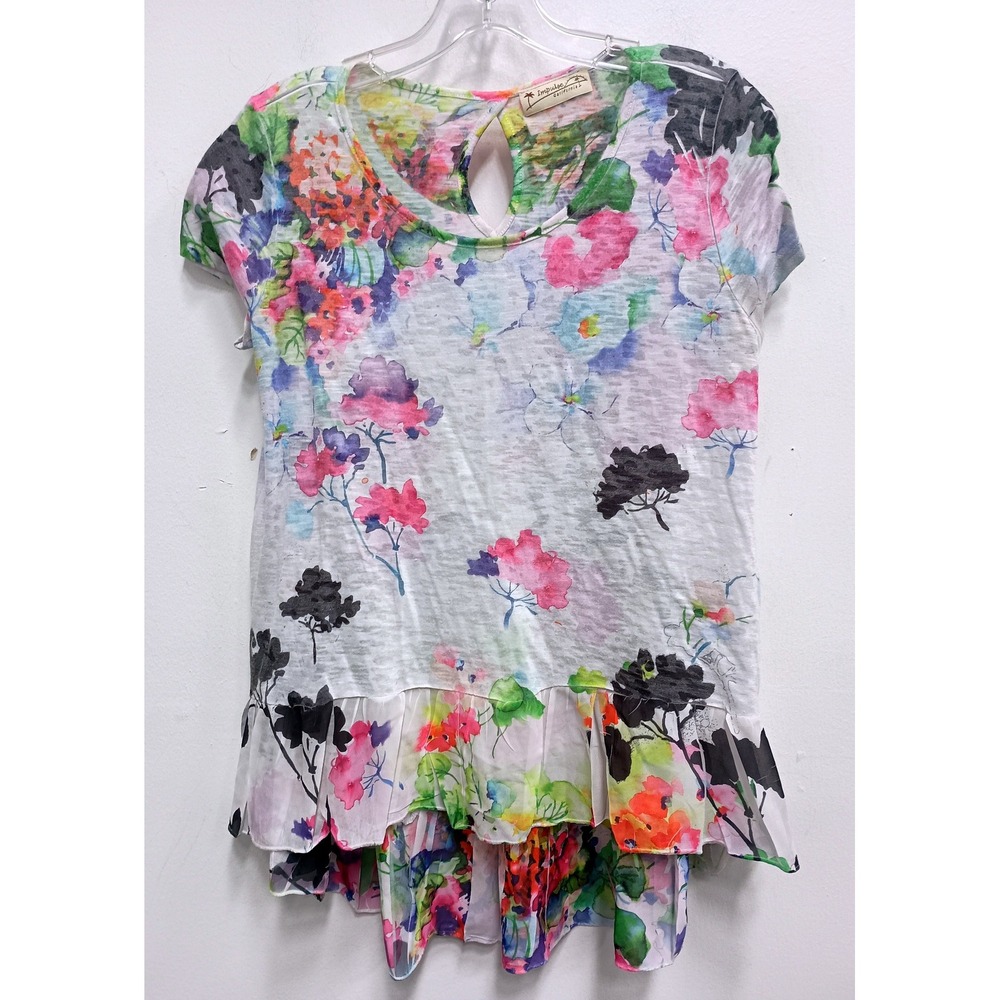 Impulse California Floral Ruffle Hem Top Womens Medium White Multi Boho Artsy
